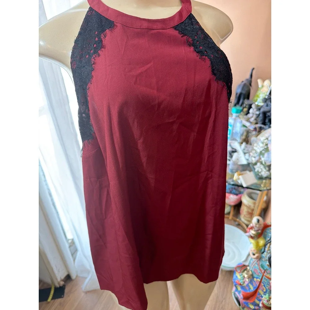 1.STATE Womens Halter Neck Blouse Burgundy Red Black Eyelash Lace Mesh Top Large - Picture 4 of 6